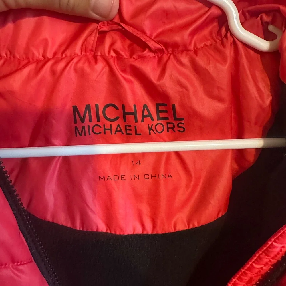 Michael Kors Puffer Jacket Girls 14 Red Zip Faux Fur Hood Logo Belt Outdoor Coat